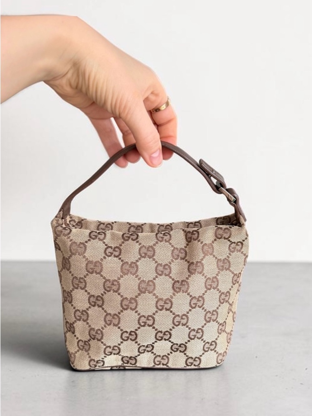 Vintage Gucci GG Canvas Pochette Mini Bag Vanity / Brown Leather